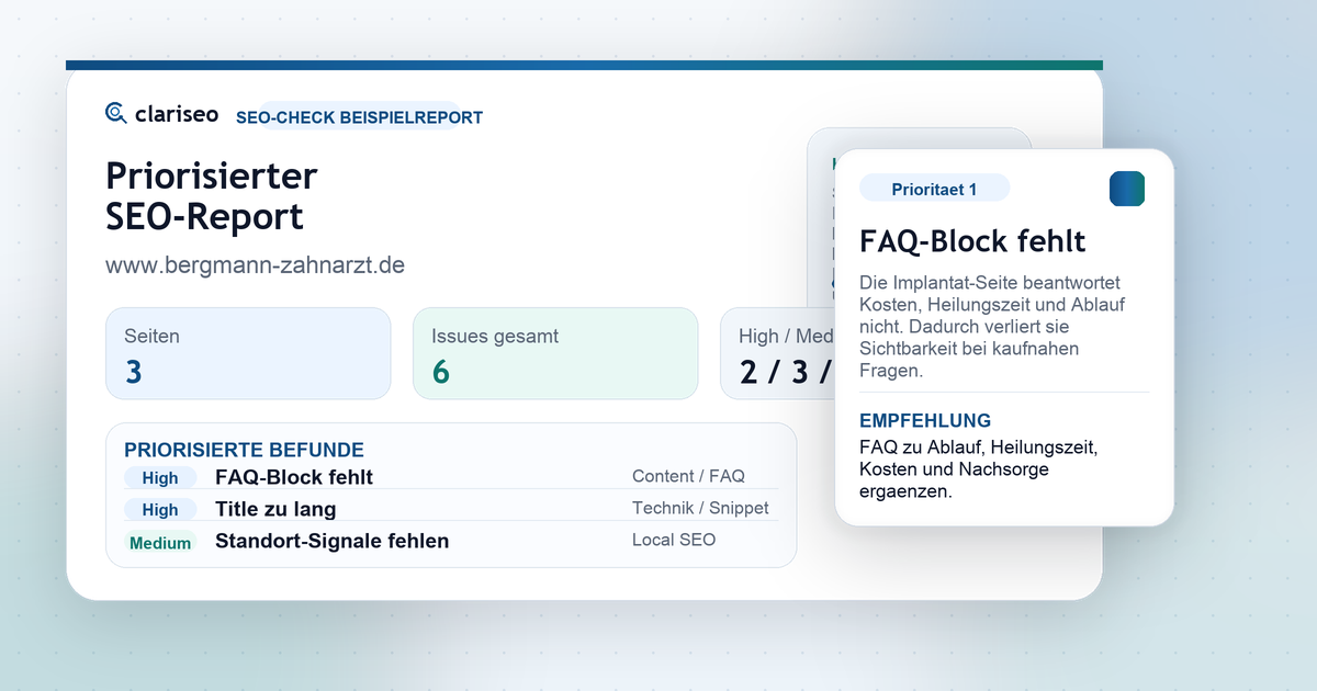Clariseo SEO-Report — priorisierte Befunde und konkrete Maßnahmen als PDF